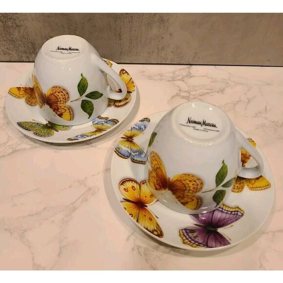 Neiman Marcus set (2) Butterfly Tea Cups saucers 8 oz | 3"H Porcelain Coffee - Picture 5 of 11